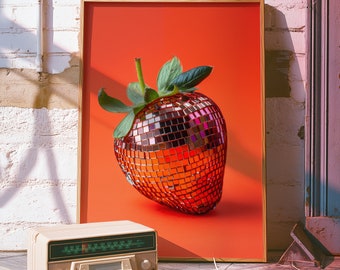 Orange Disco Strawberry Poster | Strawberry Print | Y2K Aesthetic Decor | Gifts for Her | Girly Mirrorball Art | Disco Ball Wall Art