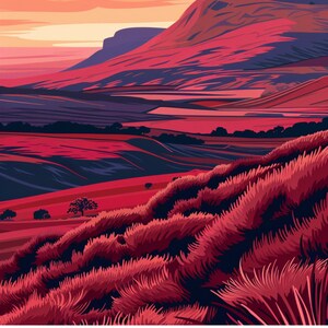 May include: A vibrant illustration of a mountain range with a pink and purple sunset sky. The mountains are a deep red color and the foreground is a field of red grass. The text "Brecon Beacons, Wales" is at the bottom of the image.