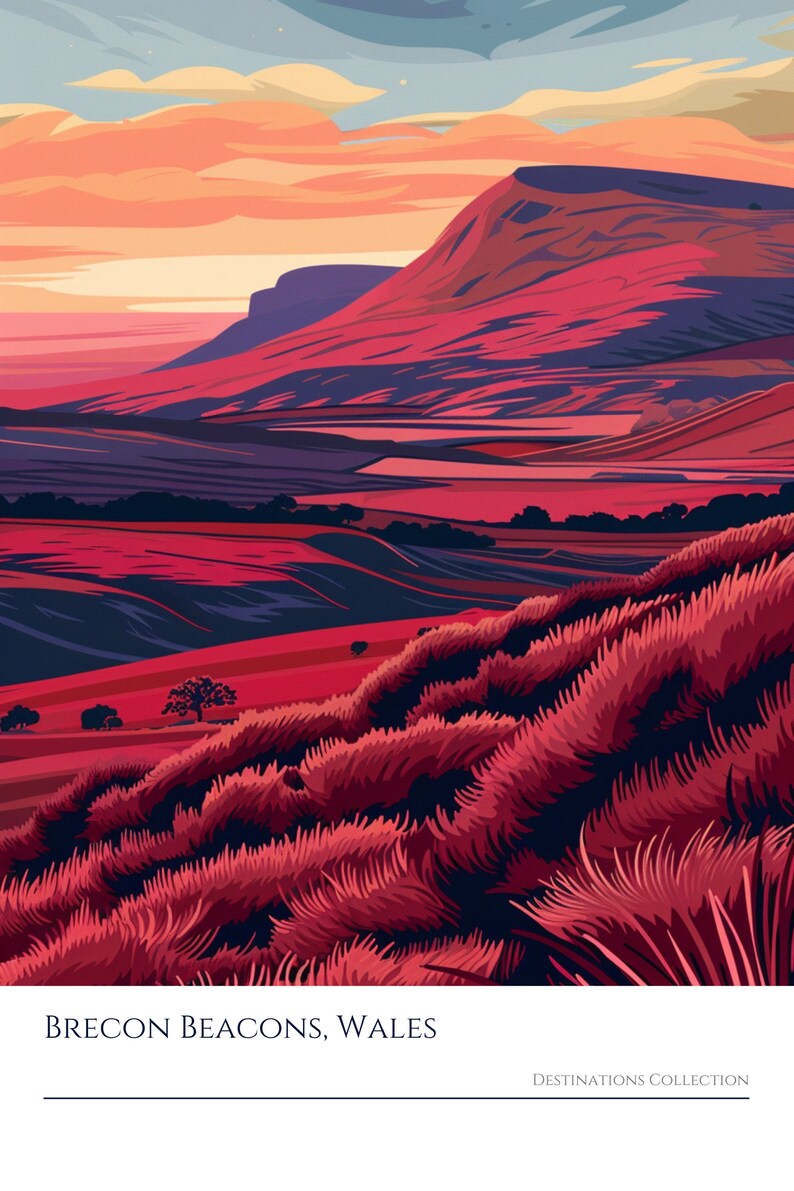 May include: A vibrant illustration of a mountain range with a pink and purple sunset sky. The mountains are a deep red color and the foreground is a field of red grass. The text "Brecon Beacons, Wales" is at the bottom of the image.