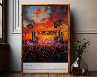 Puede incluir: Una pintura de una gran multitud de personas en un festival de música. El escenario está instalado en el fondo con una gran pantalla y luces. El cielo es de un naranja y rojo vibrante, con nubes. El texto "READING FESTIVAL" está en la parte inferior de la pintura.
