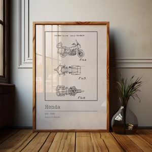 Cartel del plano de la motocicleta Honda / Arte de patente vintage de 1986 / Boceto clásico de la bicicleta Honda / Dibujo técnico / Decoración entusiasta de la motocicleta