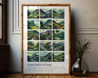 Welsh 3000&#39;s 15 Peaks Art Print: Snowdonia Hiking Poster