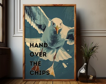 Funny Seagull Print: Hand Over The Chips Seaside Art