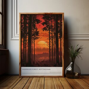 Sherwood Forest Sonnenuntergang Wand Kunst | Nottingham Poster, Wald Illustration, Reise Souvenir, Waldlandschaft Dekor, Geschenk für Naturliebhaber