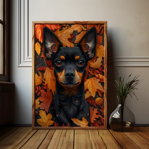 Mini Dobermann Pinscher Herbstlaub, Mini Dobermann Pinscher Poster Artwork, Herbst Dekoration, Hunde Mama Geschenk
