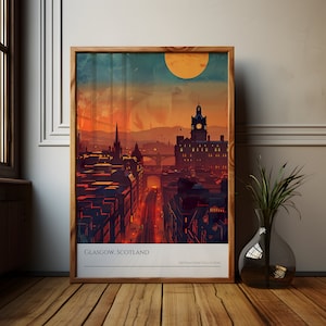 Glasgow Scotland Sunset Poster, Glasgow City Wall Art, Scotland Travel Souvenir, Scotland Travel Gift, UK City Artwork, UK Wanderlust