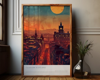 Glasgow Scotland Sunset Poster: Cityscape Travel Art