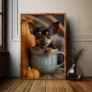 Mini Dobermann Pinscher Herbst Teetasse Kunst, Miniatur Dobermann Pinscher Poster Artwork, Welpe Herbst Wohnkultur, Hund Mutter Geschenk
