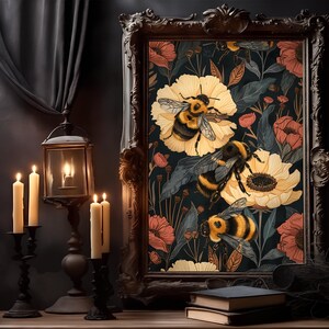 William Morris diseña el cartel de Bumble Bee, William Morris Print Carpenter Bee Artwork, obras de arte góticas, estilo Dark Academia, arte académico oscuro