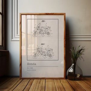 Plano de motocicleta Honda vintage / Arte de patente de motocicleta clásica / Boceto antiguo de Honda / Impresión de arte / Decoración del taller del mecánico