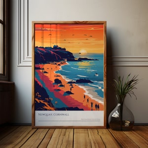 May include: A colourful illustration of a beach scene with a sunset in the background. The beach is sandy and has a few people walking on it. The ocean is blue and has waves crashing on the shore. The sky is orange and pink. The text "NEWQUAY, CORNWALL" is at the bottom of the image.
