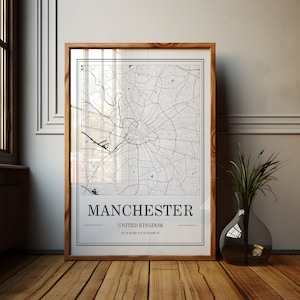 Manchester kaartposter, stadskaart Manchester, Manc Wall Art, UK Travel Prints, Noord-Engeland cadeau, Verenigd Koninkrijk, minimalistisch