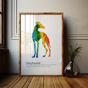 Greyhound Artwork | Dog Gift Greyhound Drawing, Modern Pet Decor, Colourful Whippet Poster, Unique Gift for Dog Lovers