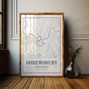 Cartel del mapa de la ciudad de Shrewsbury / Impresión minimalista del mapa de la ciudad / Arte urbano en blanco y negro / Decoración de viajes / Shropshire Hills / Arte de la pared de Shrewsbury