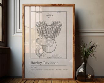 Arte de planos de motor Harley-Davidson: póster de patente de motocicleta vintage