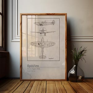 May include: A black and white line drawing of a Spitfire airplane. The drawing shows the airplane from three different angles: top, side, and front. The text "Spitfire" is printed below the drawing, along with the text "First Flight 1936" and "Supermarine".