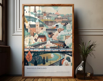 Sheffield England Art Print: Illustrated Cityscape Travel Poster
