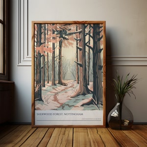 Impresión de arte de pared del bosque de Sherwood / Cartel de Nottingham Inglaterra, Ilustración del bosque, Recuerdo de viaje, Paisaje del bosque, Regalo para amantes de la naturaleza