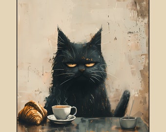 2 Toiles Art Chat Noir 'Bonjour Mon Amour' 50x70cm - Décoration Murale Rétro