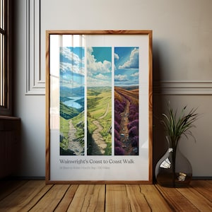 May include: A framed poster featuring a scenic image of Wainwright's Coast to Coast Walk. The poster is divided into three vertical panels, each showcasing a different section of the trail. The panels depict a lake, a grassy hillside, and a path lined with purple heather. The text "Wainwright's Coast to Coast Walk" is printed below the image, along with the locations "St Bees to Robin Hood's Bay" and the distance "190 Miles".