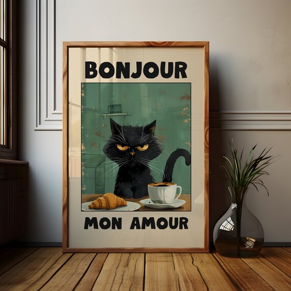 Le Chat Noir Poster: Bonjour Mon Amour Black Cat Green Art Print