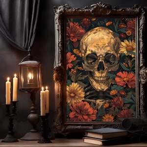 William Morris designs Skeleton Leaves Kunstposter, William Morris Druckschädel Kunstwerk, Gothic Artwork, Dark Academia style, Gothic Style