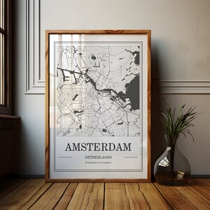 Affiche de la carte d'Amsterdam | Impression minimaliste de la ville, art urbain noir et blanc, décoration de voyage moderne, plan des rues des Pays-Bas, esthétique minimale