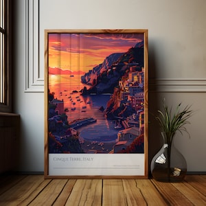 Cartel de la puesta de sol de Cinque Terre Italia, impresión de pintura de Cinque Terre, Riviera italiana, costa italiana, regalo de cartel de Italia, recuerdo de viaje