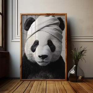 Poster monochrome de salle de bain panda, jeu de couleurs monochromes, art hilarant de salle de bain, impression photo animal noir et blanc