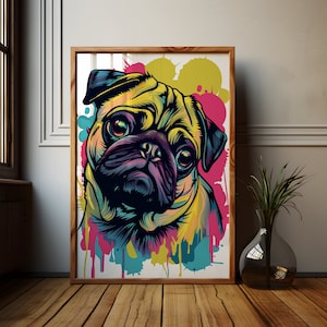 Colorful Pug Expression Art Print: Modern Dog Portrait