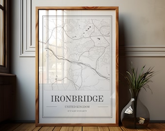 Ironbridge Map Art Print: Minimalist Black and White Travel Decor