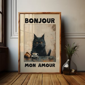 Le Chat Noir Poster, Beiges Bonjour Mon Amour Kunstwerk, Schwarze Katze Gemälde, Le Chat Noir Kunst, Kinderlose Katzenlady