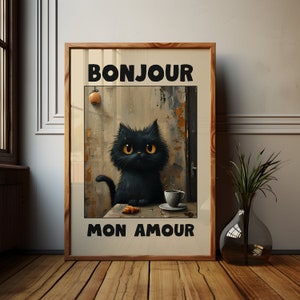 Poster di Le Chat Noir, opera d'arte Kitten Bonjour Mon Amour, opera d'arte del gatto nero, pittura del gatto nero, arte di Le Chat Noir, Cat Lady senza figli