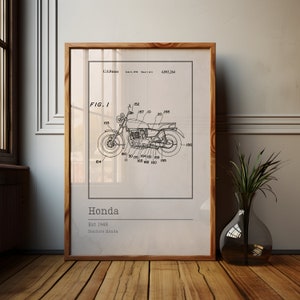 Cartel del plano de la motocicleta Honda / Arte de patente vintage de 1978 / Boceto clásico de la bicicleta Honda / Dibujo de ingeniería / Decoración entusiasta de la motocicleta