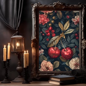 William Morris diseña cartel de cerezas rosas, William Morris imprime cerezas al marrasquino, obras de arte góticas, arte académico oscuro estilo Academia oscura
