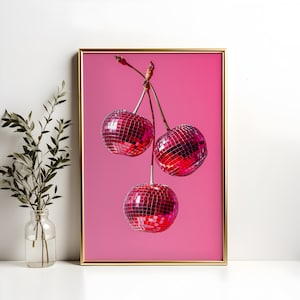 Cherry Disco Art | Funky Mirrorball Decor | Wydruk Disco Cherries | Prezenty dla niej | Y2K Estetyczna sztuka ścienna | Plakat Groovy Cherry