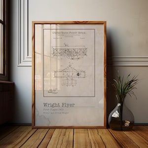 Peut inclure: Une affiche de style vintage représentant une illustration en noir et blanc du Wright Flyer, le premier avion à succès. L'affiche porte le texte "United States Patent Office" et "Wright Flyer" avec la date "First Flight 1903" et les noms "Wilbur et Orville Wright".