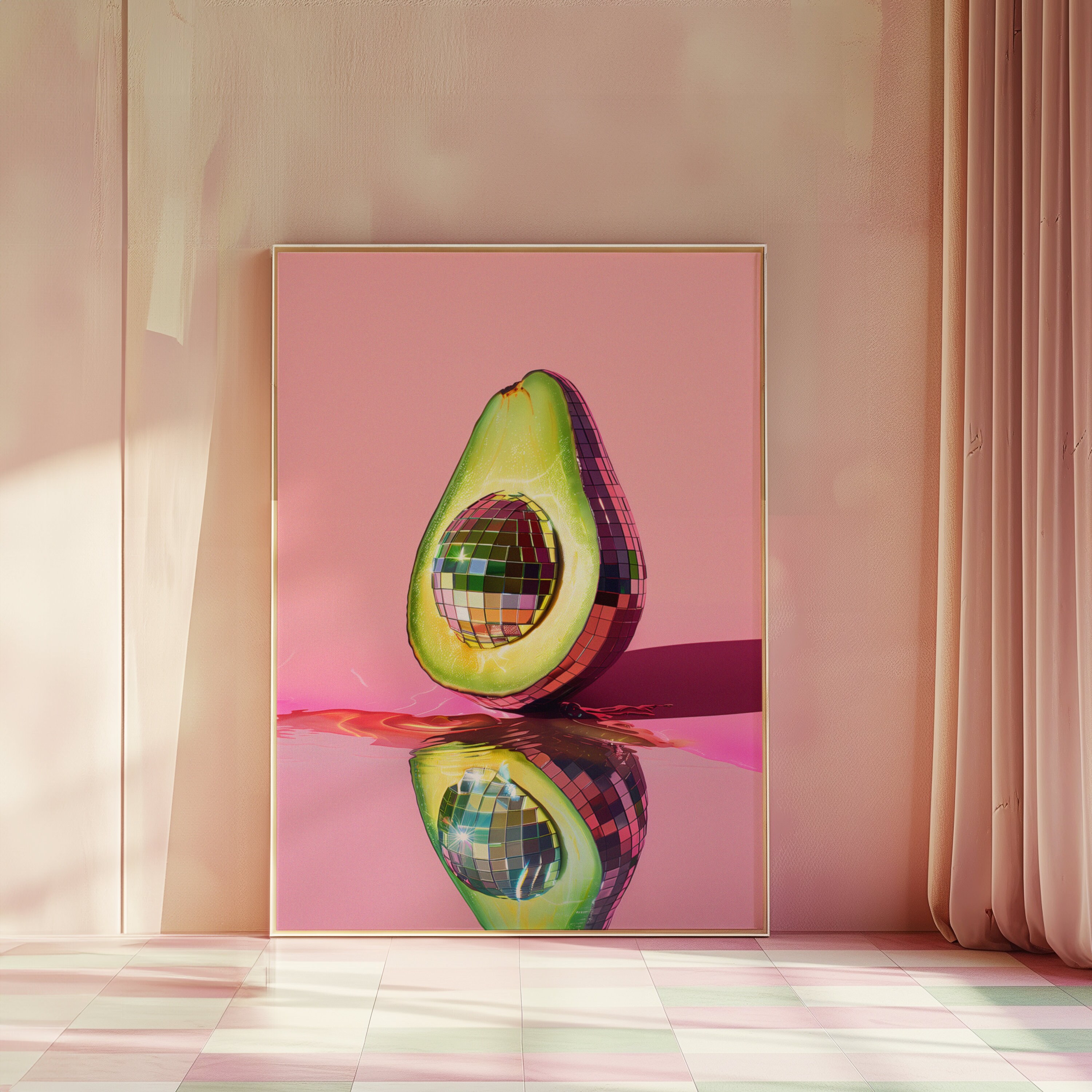 Mirror Disco Ball Avocado Lover Poster, Mirror Ball Avocado Art, Disco Kitchen Y2k Design, Maximalist Wall Art, Coquette Decor, Girly Pink