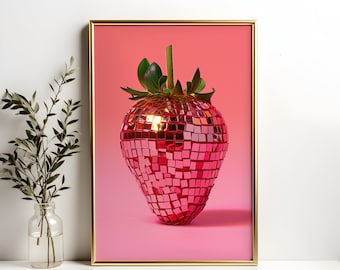 Pink Disco Strawberry Art Print: Y2K Mirrorball Decor