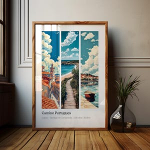 Camino Portugues poster, Camino de Santiago print, weg van St. James poster, Santiago Compostella, Porto, Coastal Boardwalk, Padron Harbor