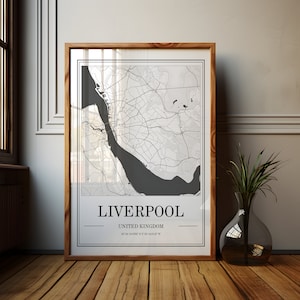 Illustration de la carte de Liverpool | Impression de ville minimaliste | Art urbain noir et blanc | Décoration de voyage moderne | Plan des rues | Oeuvre d'art de Liverpool