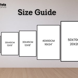 May include: Size guide for prints, showing different sizes in inches and centimeters. The sizes are A4 (8x12 inches, 21x29.7 cm), 12x16 inches (30x40 cm), 12x18 inches (30x45 cm), 16x24 inches (40x60 cm), and 20x28 inches (50x70 cm).