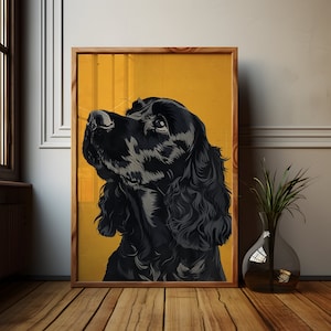 May include: A black and white illustration of a dog with long, curly hair looking up. The dog is against a yellow background.