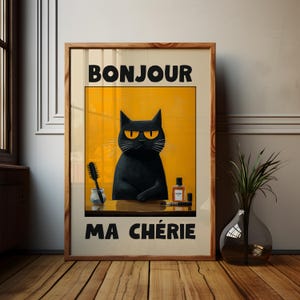 Bonjour Ma Cherie, Le Chat Noir Poster, Gelbe Französische Katze, Schwarze Katze Gemälde, Self Care Poster, Geschenk für Katzenliebhaber, Schlafzimmerdruck, Edel