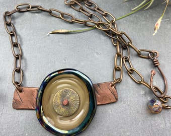 Lampwork Bead Copper Necklace, Lampwork Disk, Cold Connection, Brass Chain, Handmade, Glass