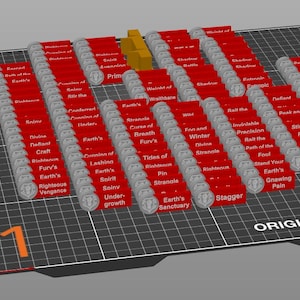 May include: A 3D-rendered image of red and grey game pieces, each labelled with white text. The pieces are arranged on a black grid, with a few yellow pieces. The text includes words like "Fury's", "Stagger", and "Precision".