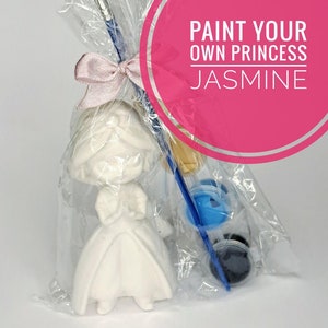 May include: A paint your own princess Jasmine figurine kit. The kit includes a white ceramic figurine, paint, and a brush. The figurine is in a clear plastic bag with a pink ribbon.