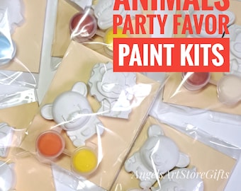 May include: Several animal-shaped paint kits in clear plastic bags. Each kit includes a white plaster animal figure and small paint pots in various colors. The text "ANIMALS PARTY FAVOR PAINT KITS" is displayed in red.