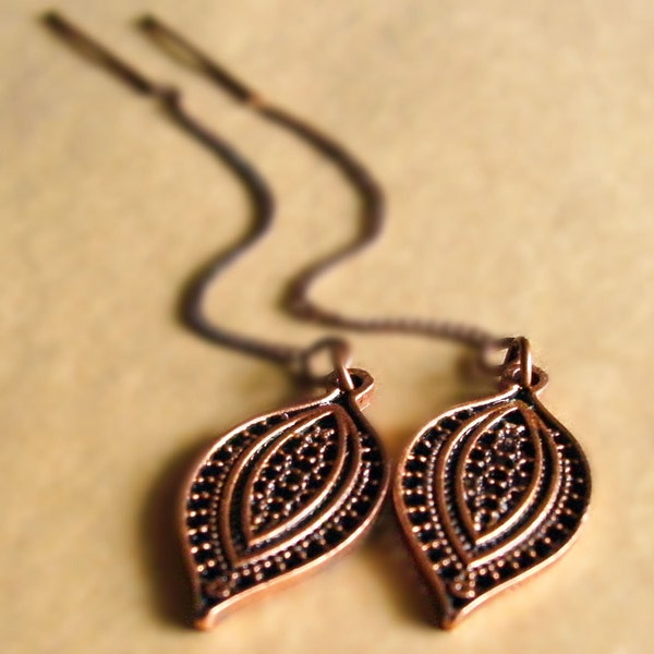 antiqued copper leaves ear threader earrings