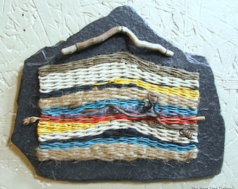 Fiber Art Wall Hanging on Natural Slate OOAK by The Bent Tree Gallery SALE was 109.00